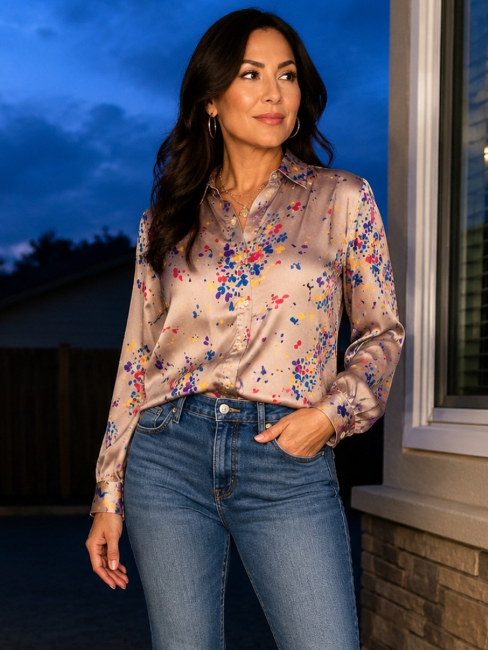 Satin Floral Dot Long-Sleeve Button-Up Top - Taupe. Vintage